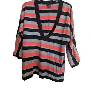 New York & Company Womens Black Gray Red Striped Layering Sweater L Top V neck